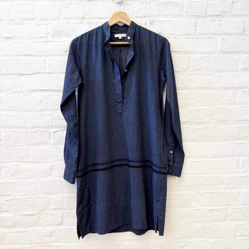 ANN MASHBURN || Chambray‎ Popover Tunic Dress Mini Navy Blue XS